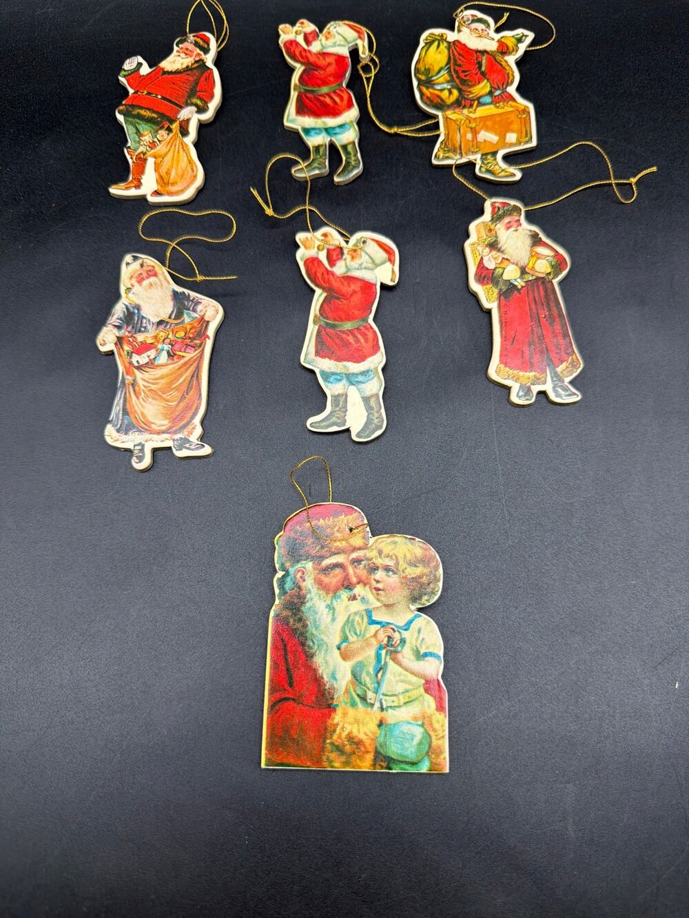 Vintage 1977 Merrimack Victorian Santa Christmas Ornaments Die Cut Set of 7